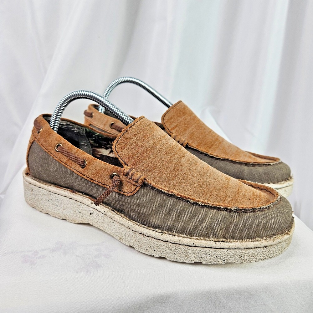 Justin Loafers Men 7.5 M Walker Shoes Ash Cafe Leather Canvas Slip On Boat Shoe - Picture 1 of 12